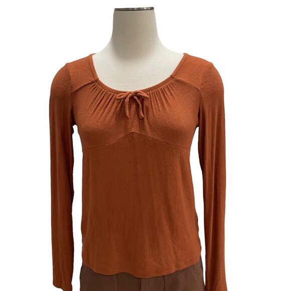 Rust Orange XXL Long Sleeve Top Tie Peasant Boho Casual Rustic Fall Comfy Trendy - Picture 5 of 8